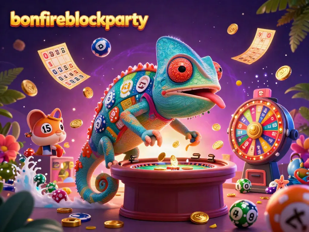 Engaging bonfireblockparty scene featuring a colorful chameleon casino owner, dynamic game elements, and vibrant casino atmosphere.