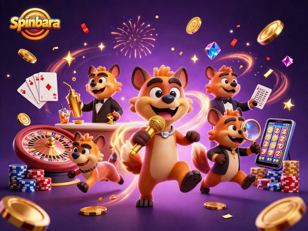 Experience the fun of spinbara casino with ambitious hyenas in a vibrant illustration filled with excitement.