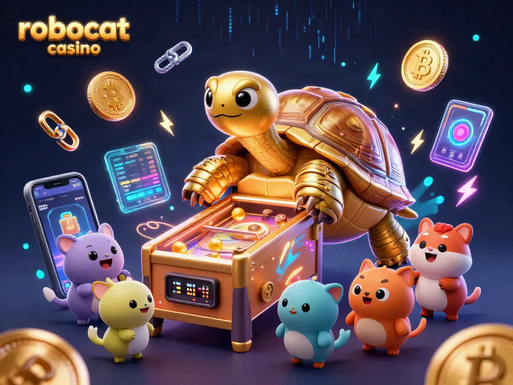 Engage with robocat casino through exciting gameplay and vibrant crypto elements in a dynamic digital scene.