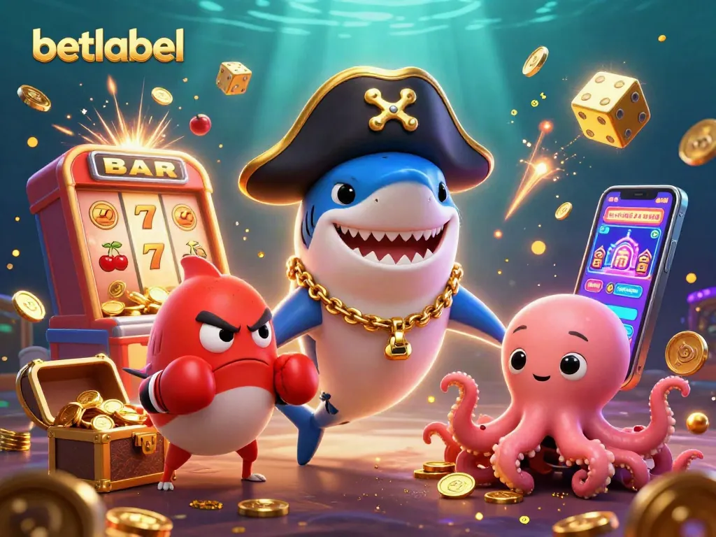 BetLabel casino features a pirate shark, pufferfish, and octopus in an exciting gaming scene.