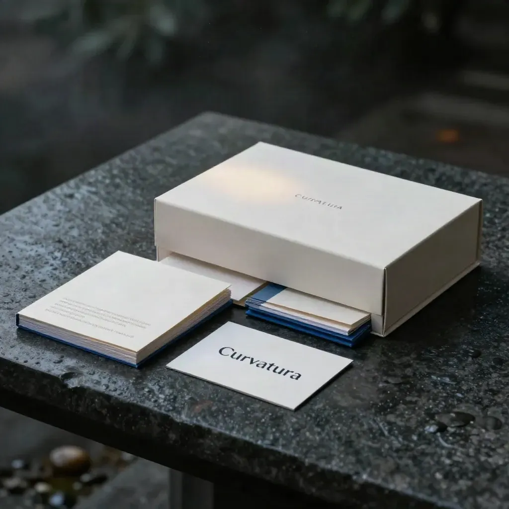 Caja de sistema de marca con folletos, tarjetas y carpeta, en luz azul nocturna.