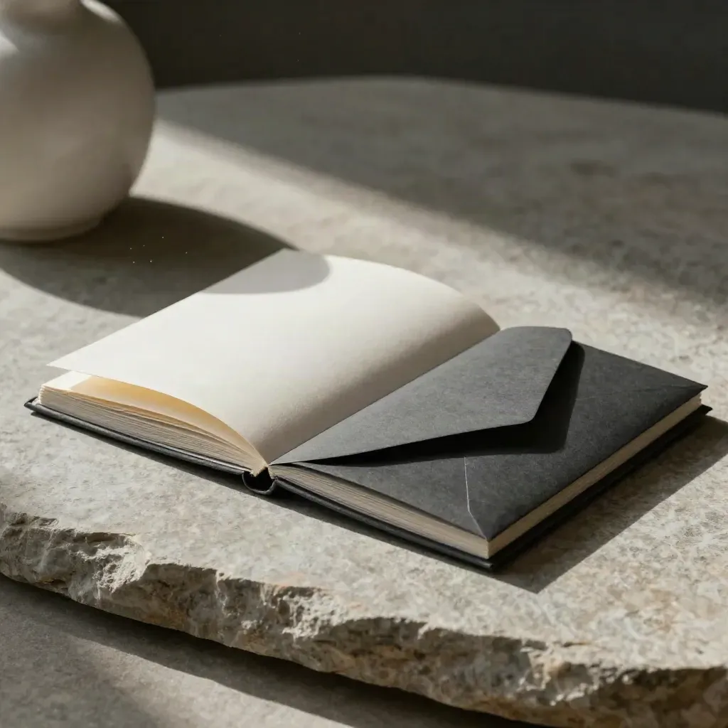 Kit de identidad con folleto, muestras de color y funda sobre piedra con una forma cerámica curvada.