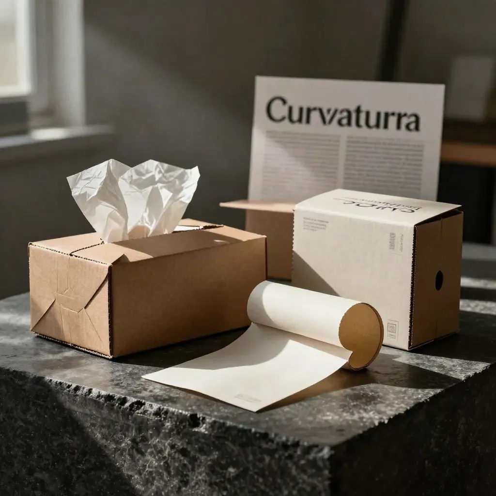 Kit de packaging curvo con cajas, papel seda y funda troquelada sobre piedra oscura.