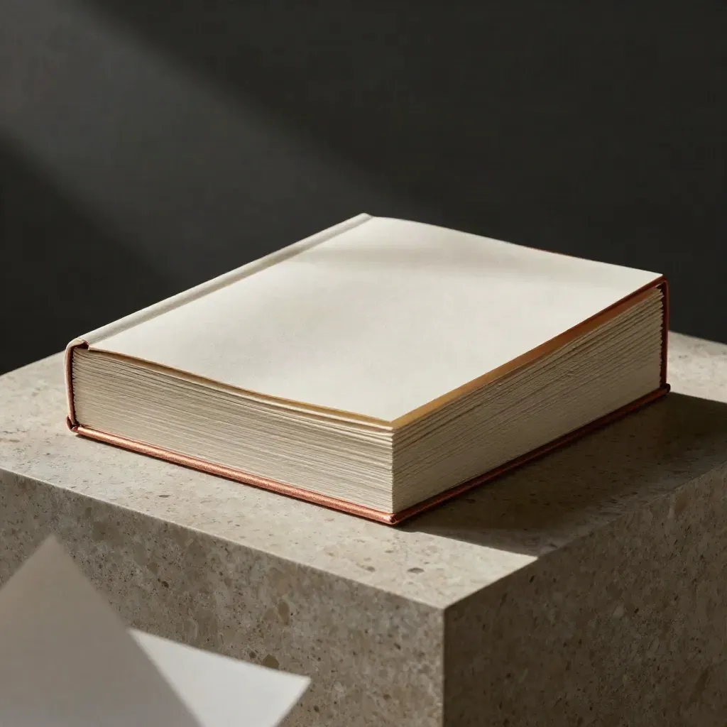 Suite de marca con libro, tarjetas y papelería en una escena elegante con luz cálida.