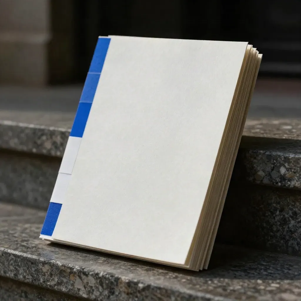 Set de identidad minimalista con placa en blanco, muestras de color y hojas dobladas sobre travertino.