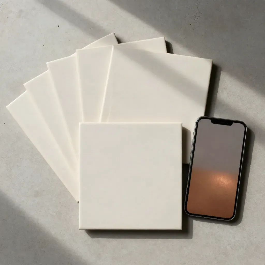 Flatlay cenital de tarjetas sociales, móvil y funda mate sobre hormigón, con acento cobre.