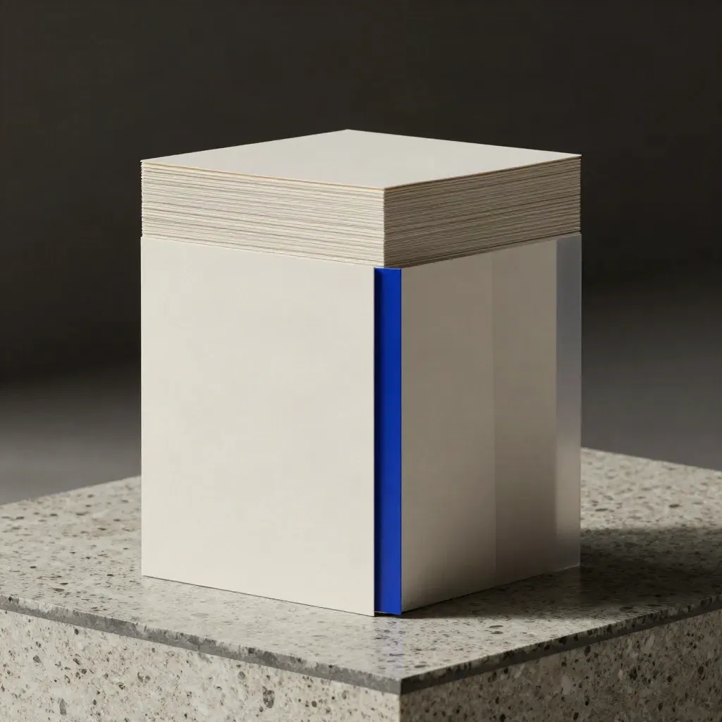 Kit de mockups en cartón sobre travertino, con acento azul cobalto y luz de estudio.