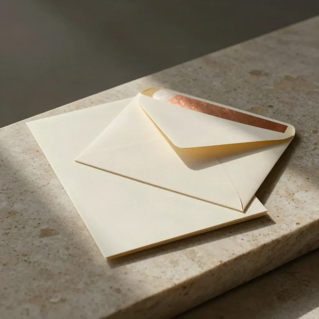 Tarjeta gruesa, hoja y sobre crema sobre piedra travertina con detalle cobre y luz suave.