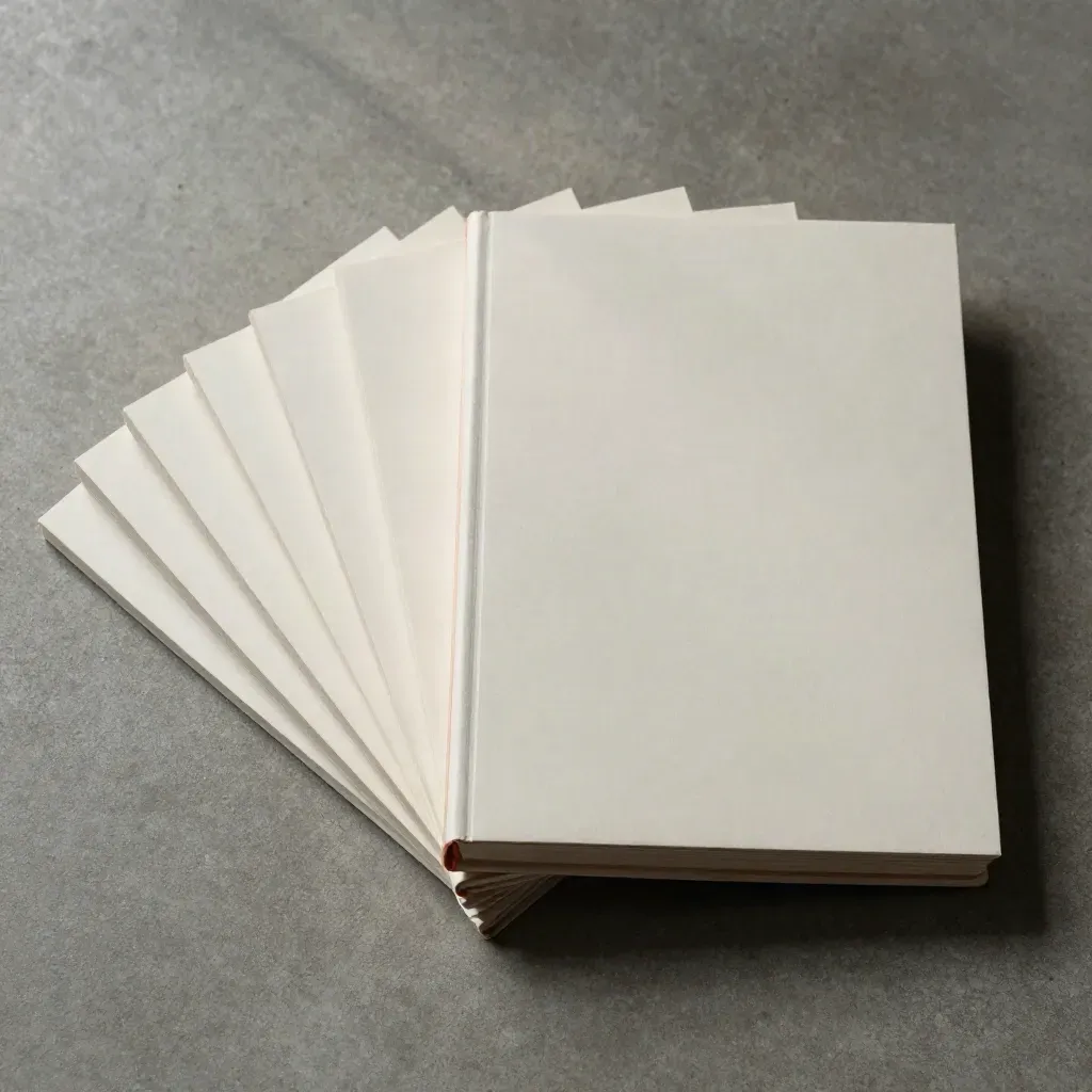 Tarjetas de presentación en abanico con carpeta fina y funda, sobre hormigón, vista cenital.