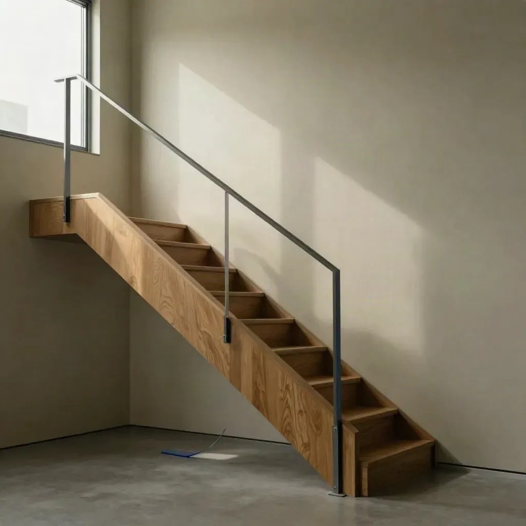 Mezzanine de estudio en roble con luz cálida y un acento azul cobalto